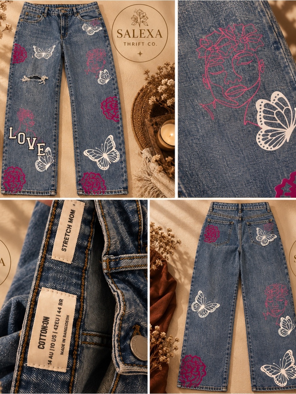 Cotton On Blue Jeans with Pink and White Designs